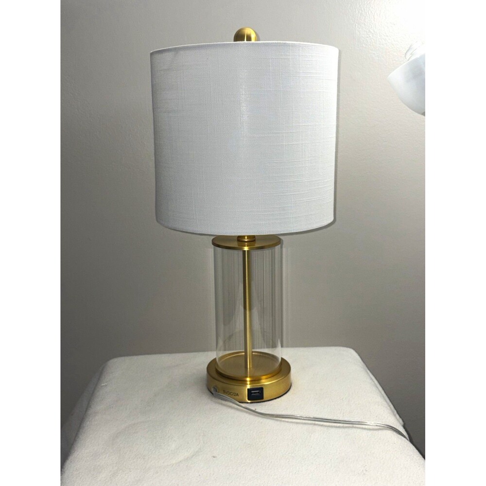 JONATHAN Y Gold Brushed Metal/Glass Table Lamp White Drum Shade USB ETL